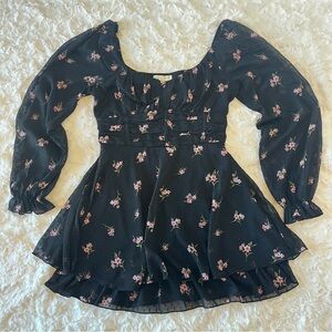 Thirty Thirty Black Floral Long Sleeve Mini Dress Large | Square Neck Ruffle Hem
